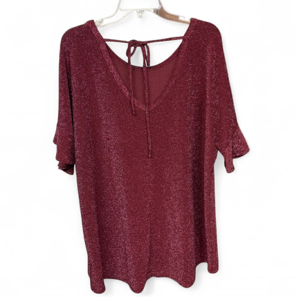 NWT Misia Curvy 2X Burgundy Metallic Sparkle Tie-Back Ruffle Sleeve Top - Picture 8 of 9